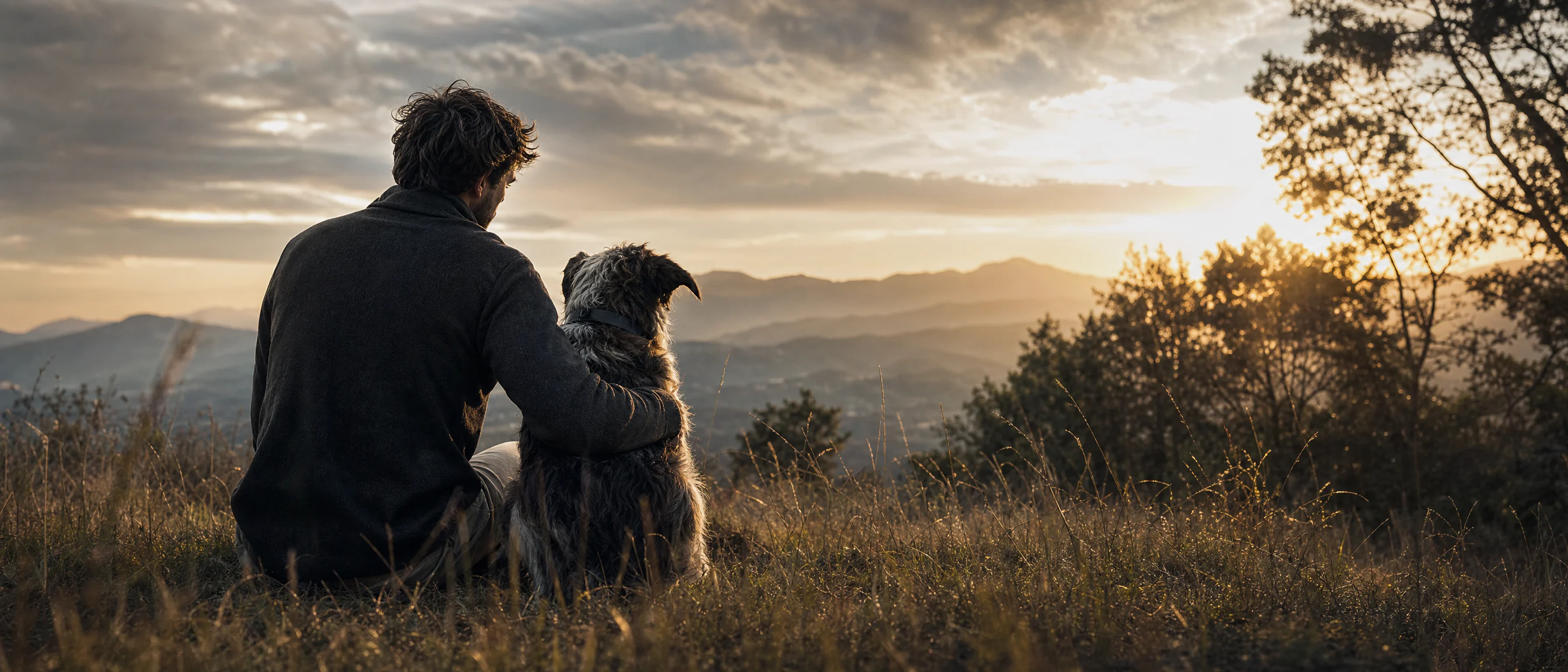 Tutor e cão observando juntos a paisagem ao pôr do sol