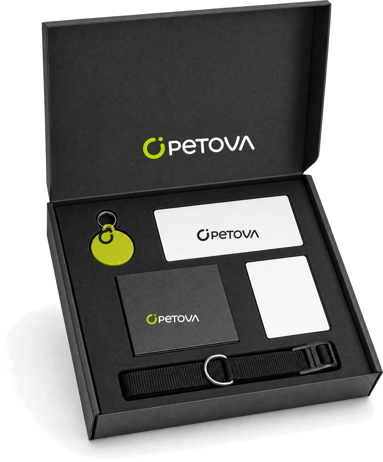 Kit de boas-vindas PETOVA aberto com tag, coleira e materiais